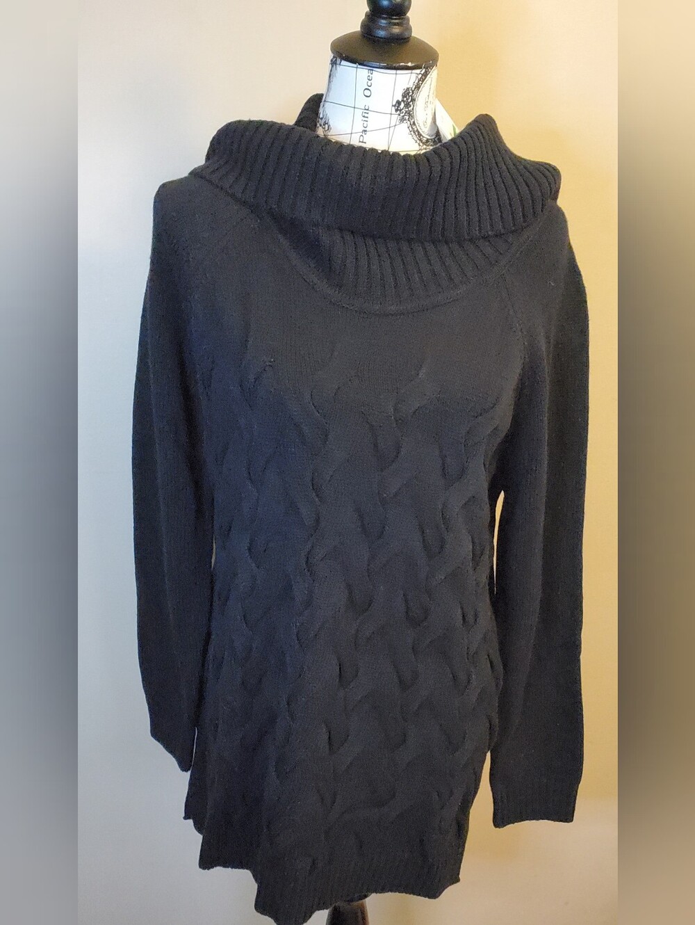 Calvin Klein Women L Black Cable Knit Cowl Neck Tunic Sweater Cotton Blend NWT